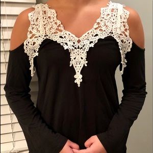 Off shoulder lace crochet flare bell sleeve blouse